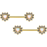 14G 9/16 White Synthetic Opal Gold Tone Sun Heart Nipple Ring Set