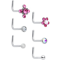 20G 1/4 Aurora Pink CZ Gem Flower L Shape Nose Ring Set of 6