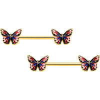 14G 5/8 Gold Tone Pink Blue Red Butterfly Barbell Nipple Ring Set