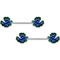 14G 9/16 Spring Flower Blue Green Barbell Nipple Ring Set