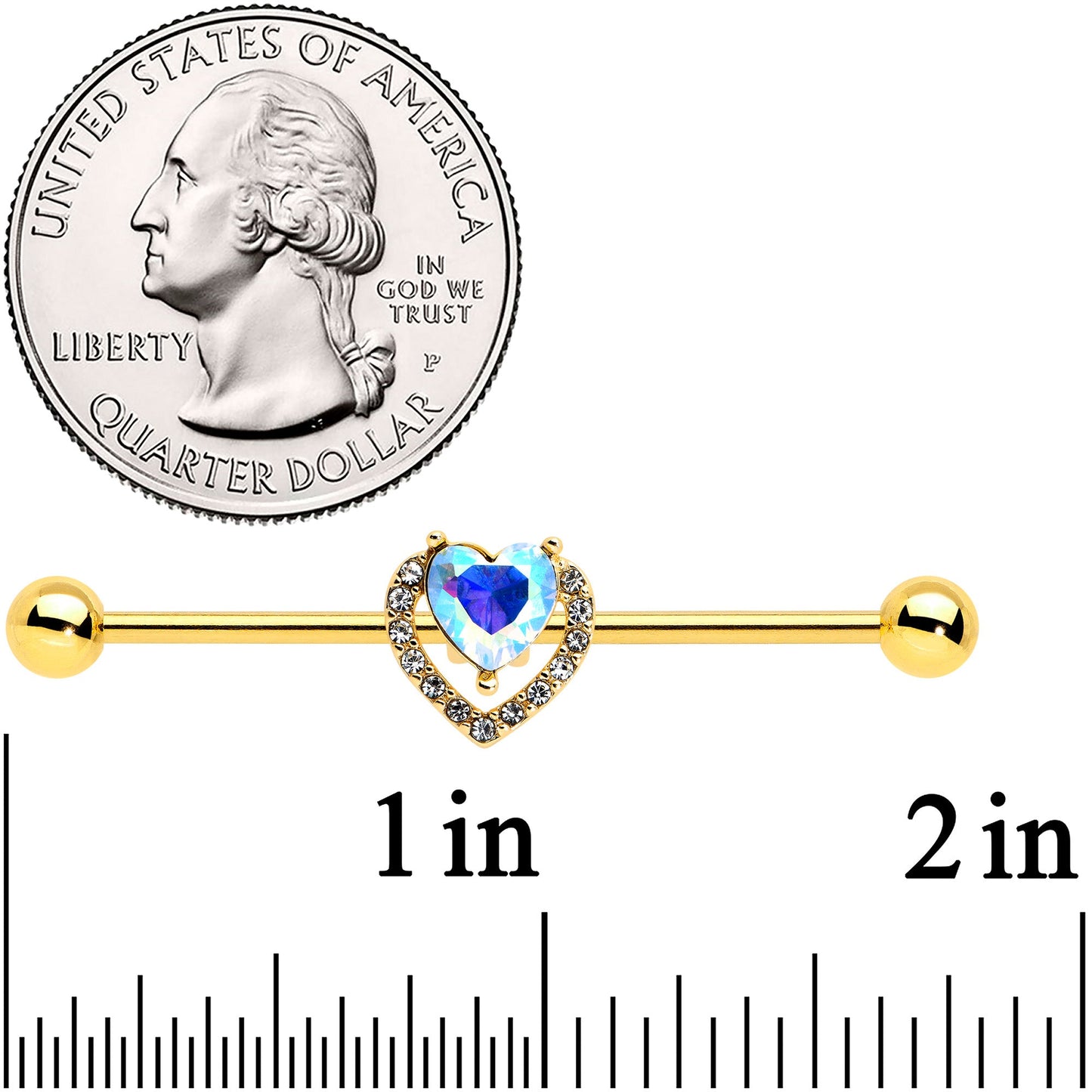 14G Aurora Gem Gold Hue Rococo Heart Industrial Barbell 38mm