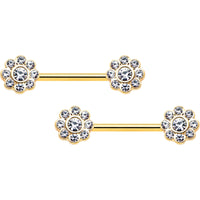14G 9/16 Clear Gem Gold Tone Whimsy Flower Barbell Nipple Ring Set