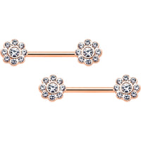 14G 9/16 Clear Gem Rosy Tone Whimsy Flower Barbell Nipple Ring Set