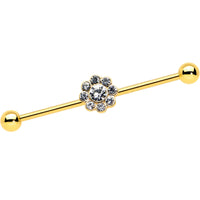 14G Clear Gem Gold Tone Whimsy Flower Industrial Barbell 38mm