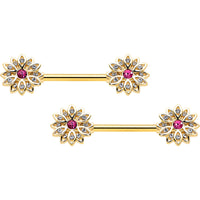 14G 9/16 Clear Pink Gem Gold Tone Starry Flower Nipple Ring Set
