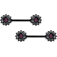 14G 9/16 Clear Gem Black Midnight Flower Barbell Nipple Ring Set