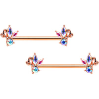 14G 5/8 Aurora CZ Gem Rosy Hue Fleur de Lis Butterfly Barbell Nipple Ring Set