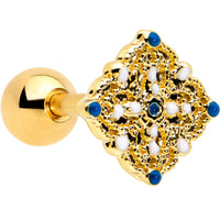 16G 1/4 Blue Gem Gold Tone Lacy Rhombus Cartilage Tragus Earring