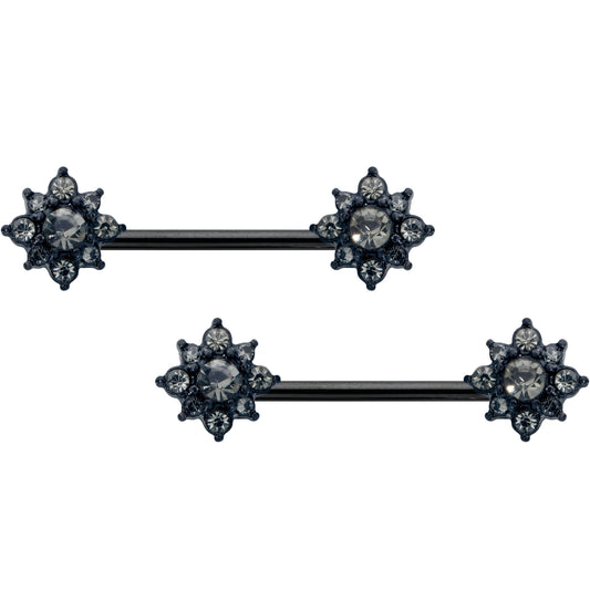 14G 9/16 Clear Gem Black Gothic Sun Barbell Nipple Ring Set
