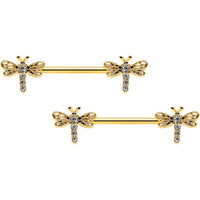 14G 9/16 Clear Gem Gold Tone Flying Dragonfly Nipple Ring Set