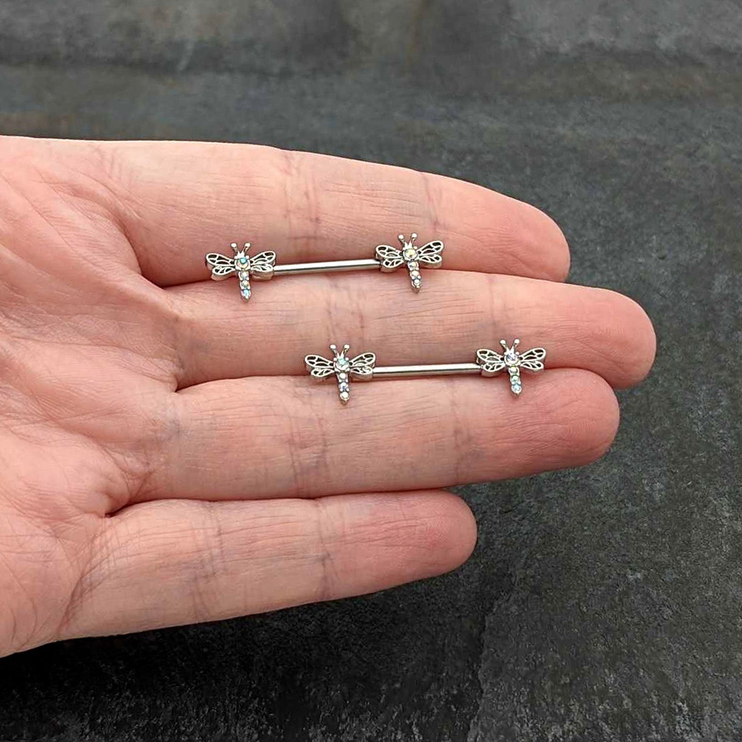 14G 9/16 Aurora Gem Ornate Dragonflies Barbell Nipple Ring Set