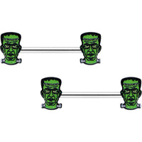 14G 9/16 Frankenstein Head Green Glow in the Dark Nipple Ring Set
