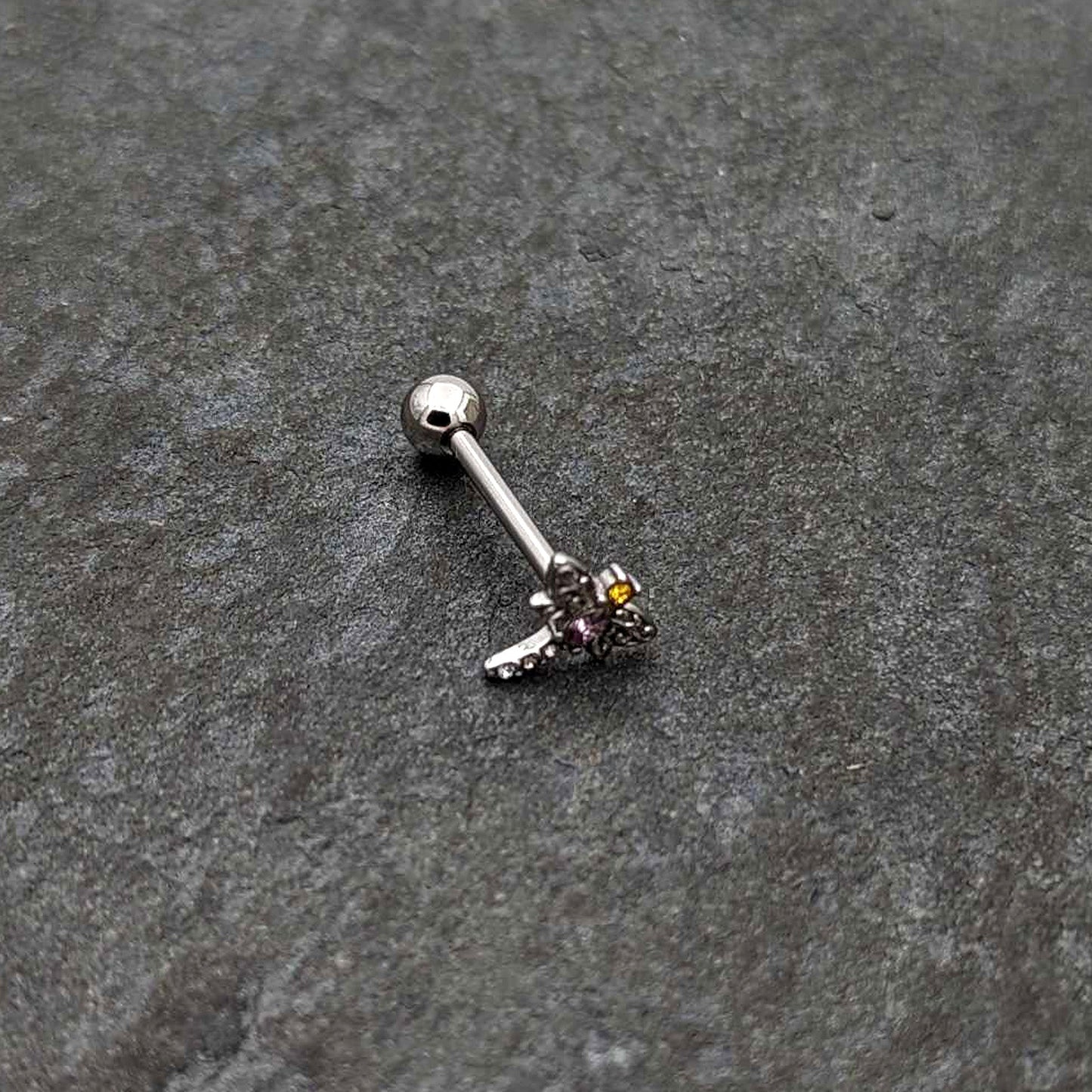 Purple Yellow Clear Gem Dragonfly Barbell Tongue Ring