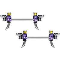 14G 9/16 Purple Yellow Gem Dragonfly Barbell Nipple Ring Set