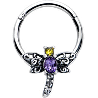 16G 3/8 Purple Yellow Gem Dragonfly Hinged Segment Ring