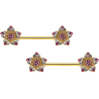 14G 9/16 Pink Gem Gold Tone Texture Star Barbell Nipple Ring Set