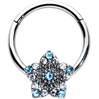 16G 3/8 Blue Clear Gem Opulent Flower Hinged Segment Ring