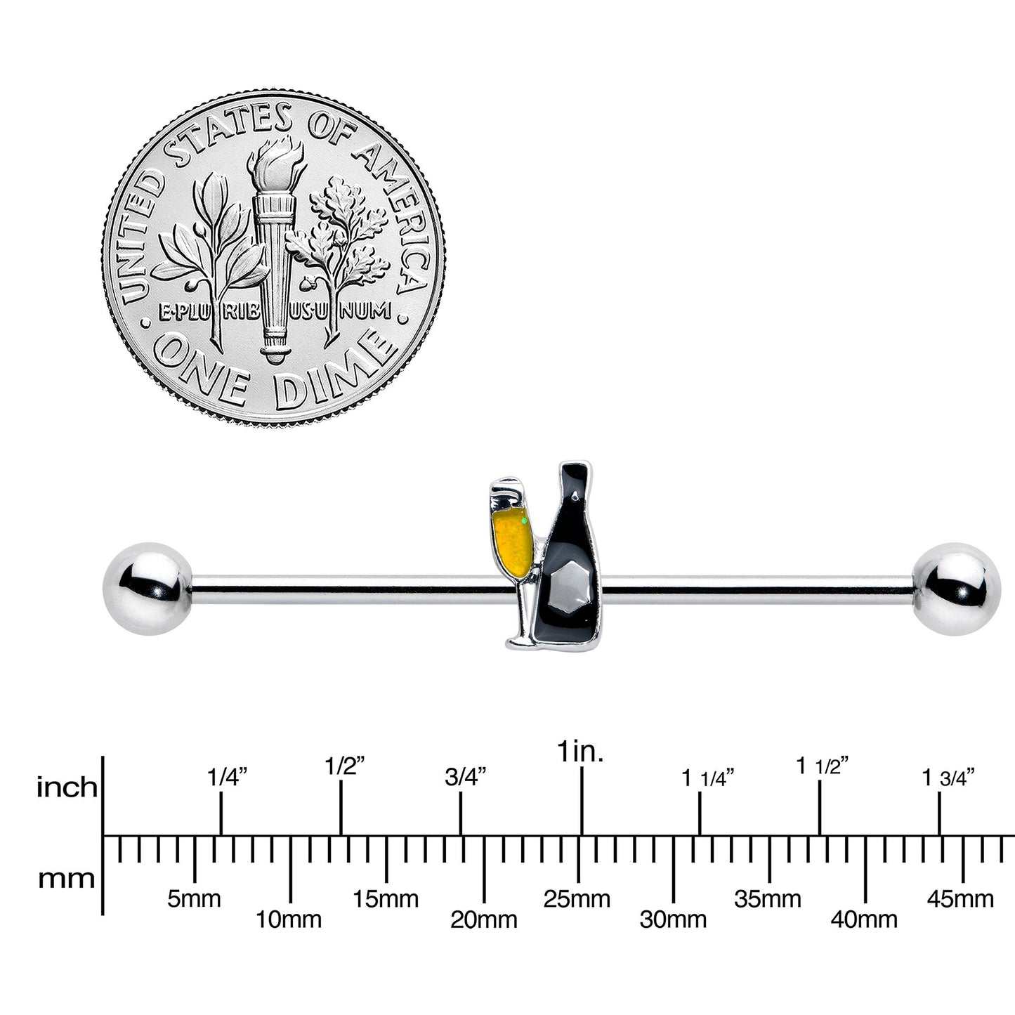 14G Champagne Bottle Flute Yellow Industrial Barbell 38mm
