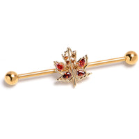 14G Red Yellow Gem Gold Tone Maple Leaf Industrial Barbell 38mm