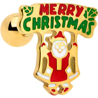 16G 1/4 Gold Tone Merry Christmas Santa Inlay Cartilage Earring