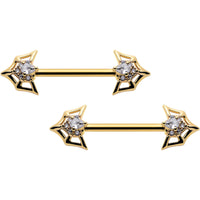 14G 5/8 Clear Gem Gold Tone Spider Bat Barbell Nipple Ring Set