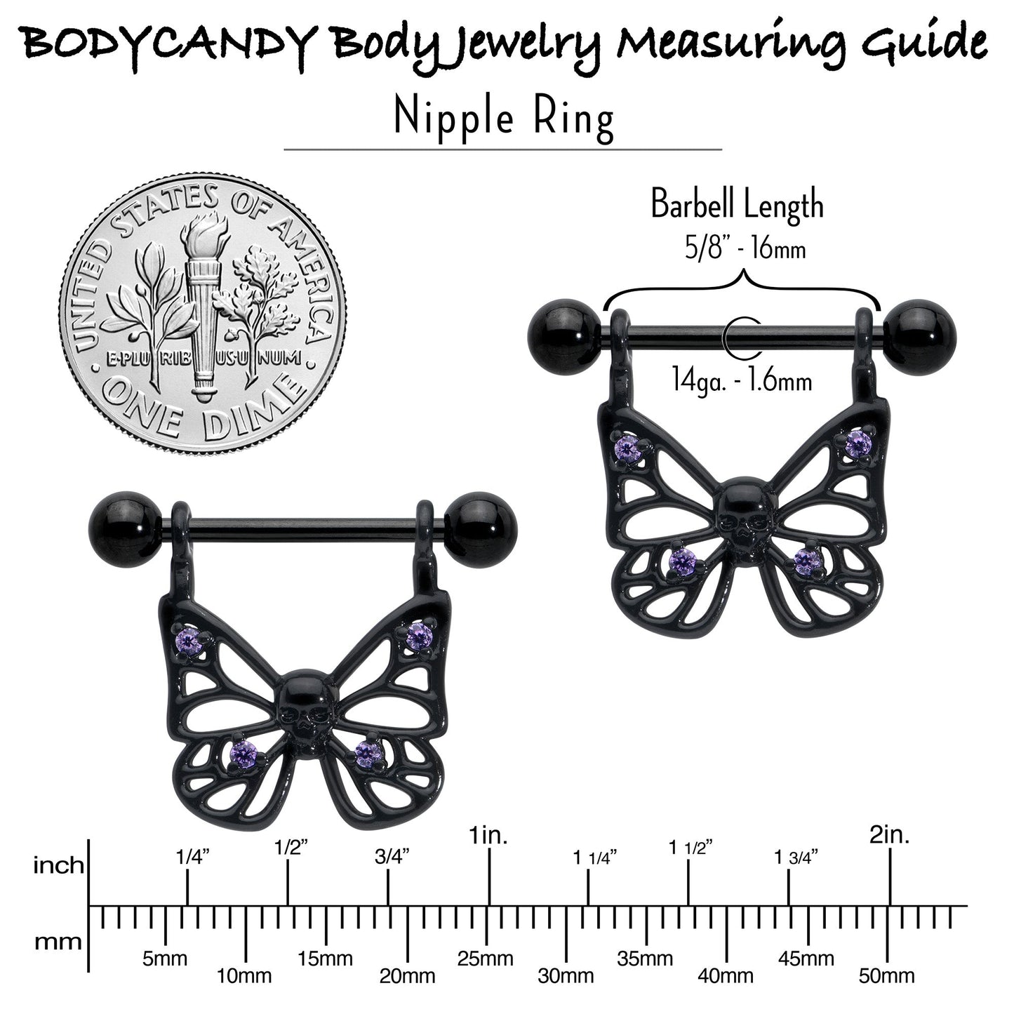 14G 11/16 Purple CZ Gem Black Skull Butterfly Dangle Nipple Ring Set