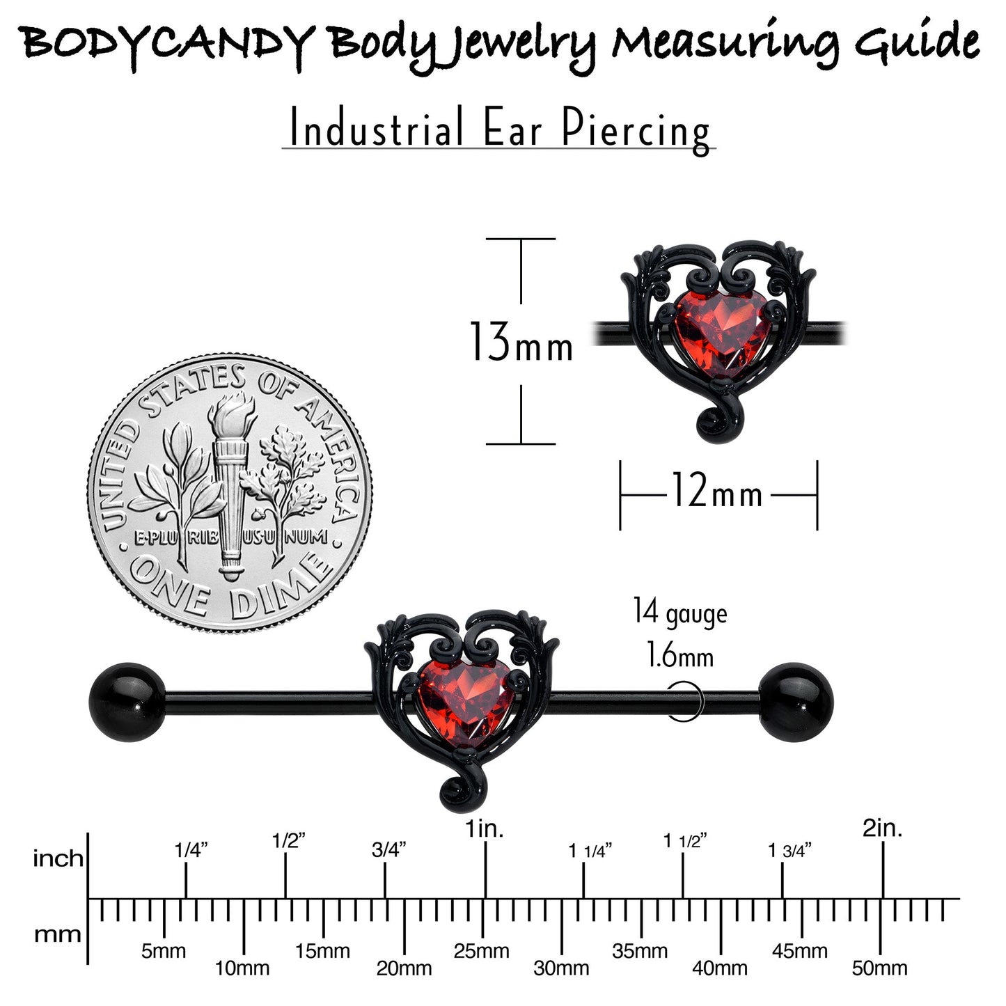 14G Red CZ Gem Black Passion Heart Industrial Barbell 38mm