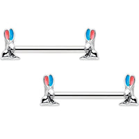 14G 9/16 Easter Bunny Blue Red Ears Barbell Nipple Ring Set