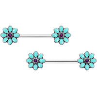 14G 9/16 Blue Faux Opal Flower Teal Petals Barbell Nipple Ring Set