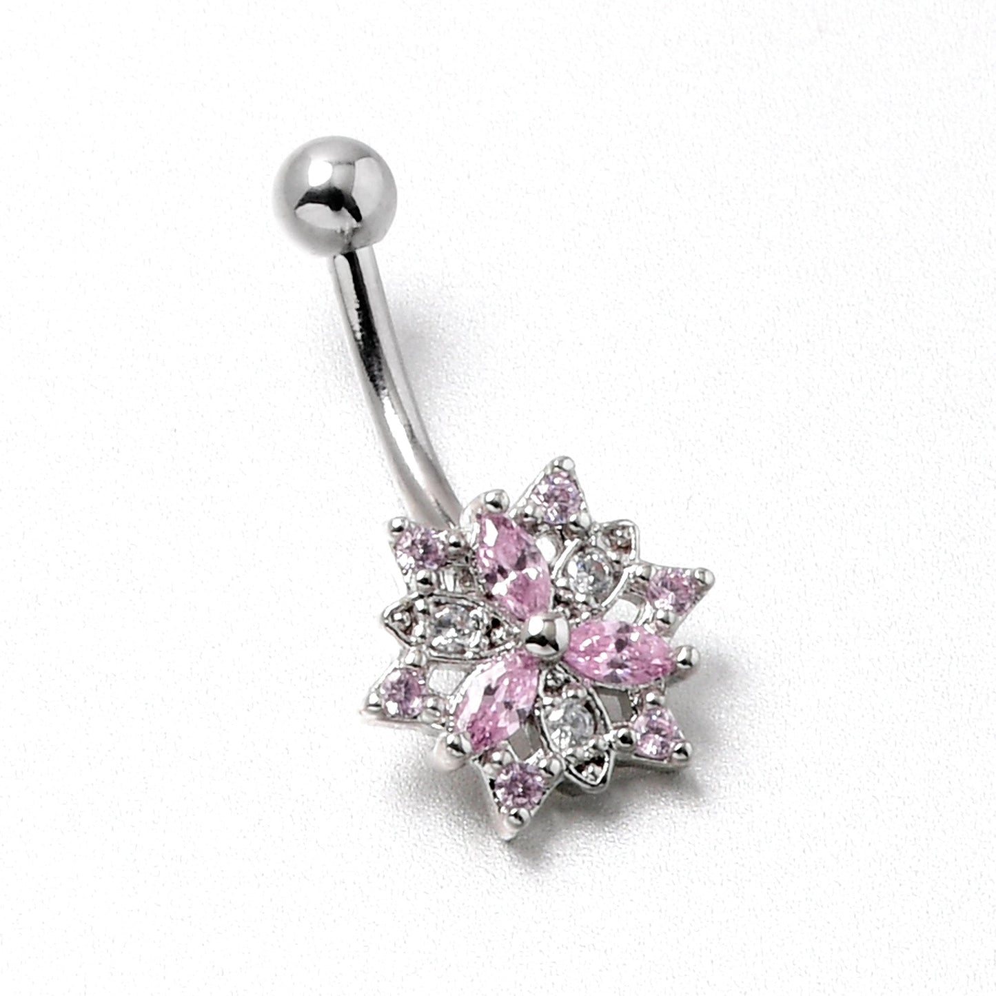 16G 5/16 Pink Clear CZ Gem Snowflake Style Curved Eyebrow Ring