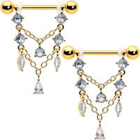 14G  9/16 Clear Gem Gold Tone Double Chain Dangle Nipple Ring Set