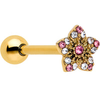 Pink Clear Gem Gold Tone Texture Star Barbell Tongue Ring