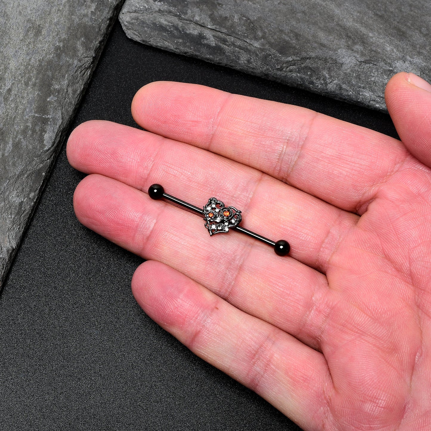 14G Clear Red CZ Gem Black Heart Floral Industrial Barbell 38mm