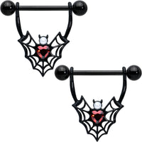 14G 11/16 Red Gem Black Gothic Bat Heart Nipple Shield Set