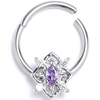 16G 3/8 Purple Clear Gem Lace Look Hearts Hinged Segment Ring