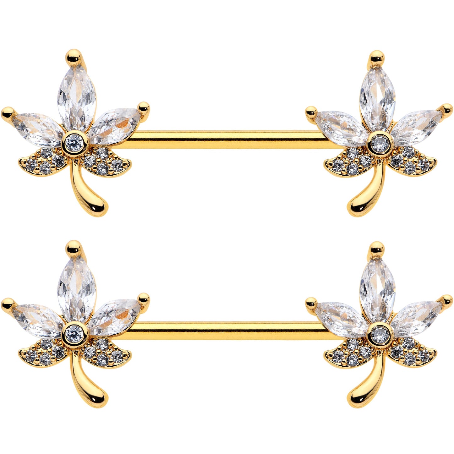 14G 3/4 Clear CZ Gem Gold Tone Pot Leaf Barbell Nipple Ring Set