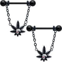 14G 9/16 Red Gem Black Pot Leaf Skull Chain Dangle Nipple Ring Set