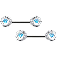 14G 9/16 Blue CZ Gem Heart Web Moon Barbell Nipple Ring Set