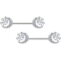 14G 9/16 Clear CZ Gem Heart Web Moon Barbell Nipple Ring Set