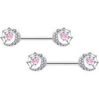 14G 9/16 Pink CZ Gem Heart Web Moon Barbell Nipple Ring Set