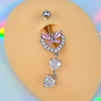 Pink Clear Gem Butterfly Hearts Of Love Dangle Belly Ring