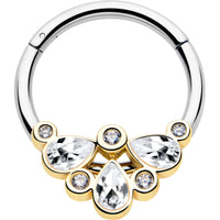 16G 3/8 Clear Gem Golden Crown Deluxe Hinged Segment Ring