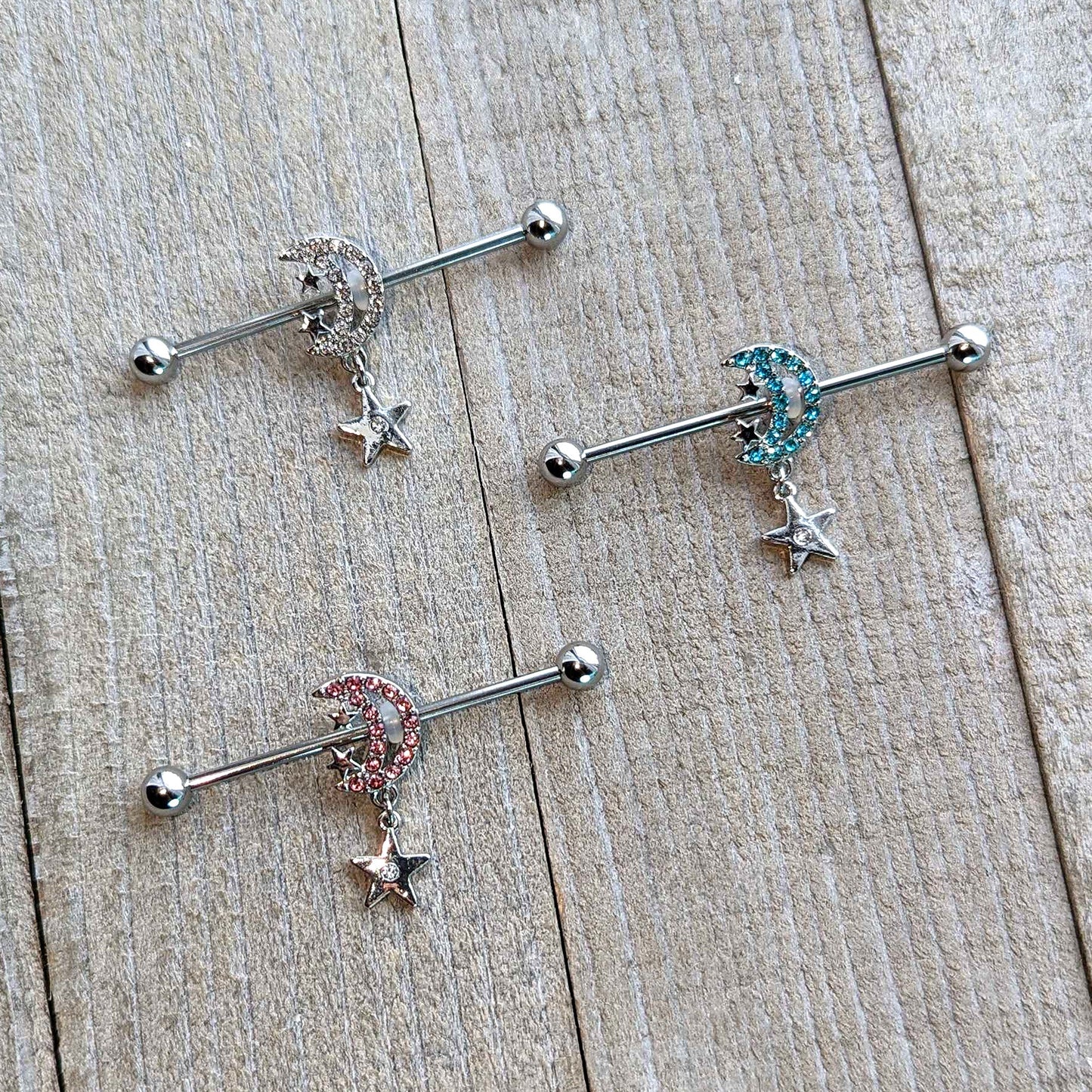 14G Pink CZ Gem Moon Dangle Star Industrial Barbell 38mm