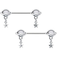 14G 9/16 Clear CZ Gem Starry Saturn Dangle Nipple Ring Set