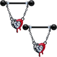14G 9/16 Clear Gem Black Bleeding Heart Chain Dangle Nipple Ring Set