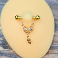 14G 9/16 Gold Tone Dollar Sign Chain Dangle Nipple Ring Set
