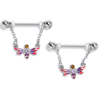 14G 9/16 Purple Yellow Gem Dragonfly Stripe Dangle Nipple Ring Set