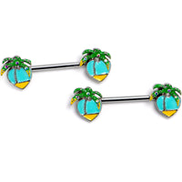 14G 9/16 Aurora Gem Beach Heart Palm Tree Barbell Nipple Ring Set