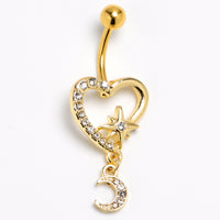 Clear Gem Gold Tone Heart Moon Dangle Belly Ring