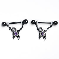 14G 9/16 Purple Gem Black Goth Scorpion Dangle Nipple Ring Set